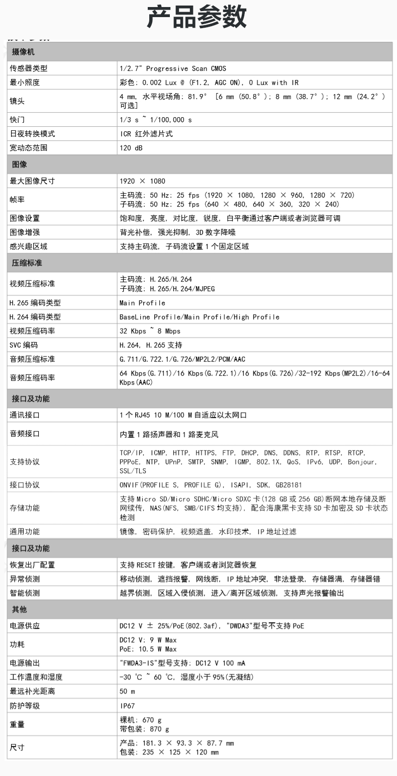 智能警戒200万筒型网络摄像机