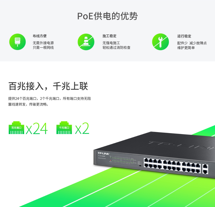 TP-LINK 24口百兆 2口千兆POE交换机